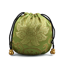 Olive Drab Chinese Style Silk Brocade Jewelry Packing Pouches, Drawstring Gift Bags, Auspicious Cloud Pattern, Olive Drab, 11x11cm