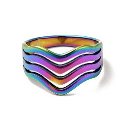 Rainbow Color Ion Plating(IP) 201 Stainless Steel Wave Thick Finger Ring for Women, Rainbow Color, US Size 6 1/4(16.7mm)