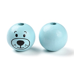 Aqua Spray Painted Natural Wood European Beads, Large Hole Beads, Round with Printed Bear , Aqua, 25mm, Hole: 6mm, about 100pcs/500g