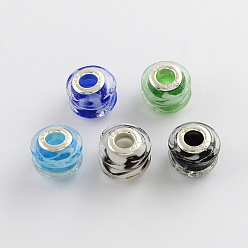 Mixed Color Rondelle Lampwork Large Hole European Beads, with Silver Color Plated Brass Cores, Mixed Color, 14~15x11~12mm, Hole: 5mm