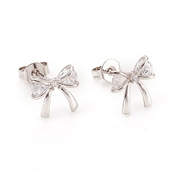 Platinum Brass Micro Pave Clear Cubic Zirconia Ear Studs, with Ear Nuts and 925 Sterling Silver Pins, Bowknot, Platinum, 9.5x9.5x3mm, Pin: 0.7mm