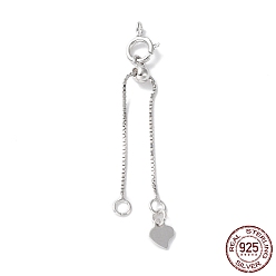 Real Platinum Plated Rhodium Plated 925 Sterling Silver Ends with Chains, Spring Clasps, Slide Bead and Heart Charms, Real Platinum Plated, 39mm, Hole: 1.8mm