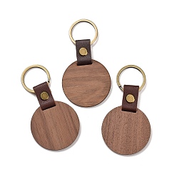 Saddle Brown DIY Unfinshed Wooden Keychains, with Imitation Leather Findings, Flat Round, Saddle Brown, 7.6x5cm