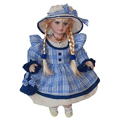 Dodger Blue Porcelain Doll Display Ornaments, Lady Women with Hat & Cloth Dress, for Home Desk & Doll House Decoration, Dodger Blue, 120x140x340mm