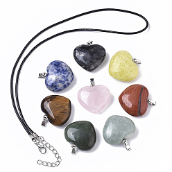 Mixed Stone Natural Mixed Stone Pendants, with Platinum Plated Brass Ice Pick Pinch Bails and Wax Cord Necklaces, Heart, pendant: 25x28x10mm, Hole: 3.5mm, 8pcs/box, Necklaces: 31.8 inch(81cm), 1strand/box