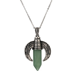 CN000513 Green Dongling Stainless Steel Chain Retro Tiger Eye Agate Pendant Necklace with Moon Shape Hexagonal Prism, Fashionable Unisex Jewelry.