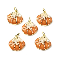 Темно-Оранжевый Латунные подвески с микропаве из кубических цирконий с эмалью и искусственным жемчугом из АБС-пластика, формы раковины, стойки покрытие, долговечный, без свинца и без кадмия, с целью перехода в кольце, реальный 18 k позолоченный, темно-оранжевый, 17.5x17x5.5 мм, отверстие : 3 мм