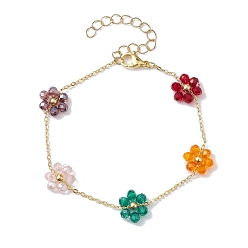 Colorful Electroplated Glass Flower Links Bracelets, Brass Cable Chain Bracelets for Women, Golden, Colorful, 7-1/2 inch(19.2cm)