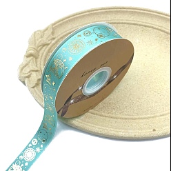 Turquoise Golden Hot Stamping Butterfly Star Pattern Polyester Ribbons, for DIY Handmade Craft, Hair Bowknots and Gift Decoration, Turquoise, 1 inch(25mm), 48 Yards/Roll