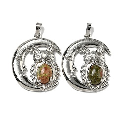 Унакит Природные подвески Unakite, Подвески в виде совы со стойкой, латунь, луна, платина, без кадмия и без свинца, 38.5x31.5x8 мм, отверстие : 8x5 мм