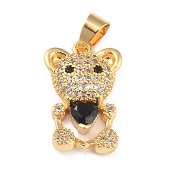 Черный Латунные подвески с фианитами, долговечный, реальный 18 k позолоченный, медведь, чёрные, 18.5x11.5x4 мм, отверстие : 3.5x4.5 мм