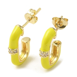 Yellow Real 18K Gold Plated Brass Oval Stud Earrings, Half Hoop Earrings with Enamel and Cubic Zirconia, Yellow, 17x3.5mm