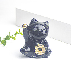 Obsidian Resin Fortune Cat Display Decoration, with Natural Obsidian Chips inside Statues for Home Office Decorations, 55x40x60mm