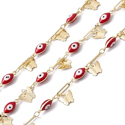 Red Enamel Horse Eye & Oval Link Chains, with Brass Butterfly Charms, Real 18K Gold Plated, Soldered, Long-Lasting Plated, with Spools, Red, 13x5x4.5mm, 10x2.5x0.6mm