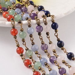 Mixed Stone Round Natural Gemstone Handmade Beaded Chains, Unwelded, with Brass Findings, Antique Bronze, 6mm, about 58pcs/strand, 39.3 inch