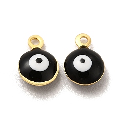 Black 304 Stainless Steel Evil Eye Enamel Charms, Flat Round Charm, Golden, Black, 7.5x6x3mm, Hole: 1mm