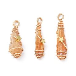 Golden Electroplated Raw Rough Natural Quartz Crystal Copper Wire Wrapped Pendants, Copper Plated Teardrop Charms with Brass Star Beads, Golden, 29~35x8~10x7~10.5mm, Hole: 3.5mm