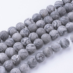 Map Stone Natural Map Stone/Picasso Stone/Picasso Jasper Bead Strands, Frosted, Round, 6~6.5mm, Hole: 1mm, about 60pcs/strand, 14.9 inch(38cm)