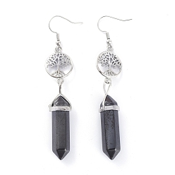 Magnetic Hematite Pointed Bullet Natural Magnetic Hematite Dangle Earrings, with Brass Earring Hooks and Flat Round with Tree of Life Links, Platinum, 76mm, Pin: 0.7mm