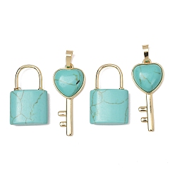 Synthetic Turquoise Synthetic Turquoise Beaded Pendants, Lock and Key Charms, with Golden Brass Findings, 31.5~32.5x20~20.5x7.5mm, Hole: 11x12mm