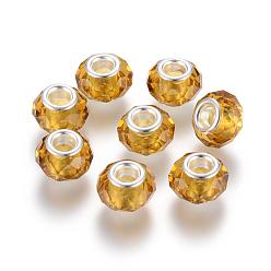 Goldenrod Handmade Glass European Beads, Large Hole Beads, Silver Color Brass Core, Goldenrod, 14x8mm, Hole: 5mm