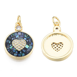 Black Natural Abalone Shell/Paua Shell Pendants, with Brass Micro Pave Clear Cubic Zirconia Findings and Jump Rings, Dyed, Nickel Free, Real 18K Gold Plated, Flat Round with Heart Charm, Black, 19.5x14x3.5mm, Jump Rings: 5mm in diameter, 1mm thick, 3mm inner diameter