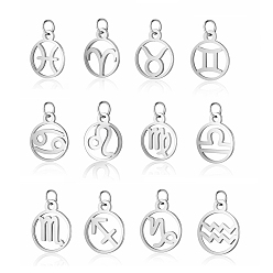 Stainless Steel Color 304 Stainless Steel Charms, with Jump Rings, Polished, Flat Round with Constellation, Stainless Steel Color, 13x11x1mm, Hole: 2.5mm, 12 Constellation, 1pc/Constellation, 12pcs/set