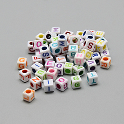Mixed Color Opaque Acrylic Beads, Horizontal Hole, Cube with Letters, Mixed Color, 6.5~7x6.5~7x6.5~7mm, Hole: 3.5mm, about 2000pcs/500g