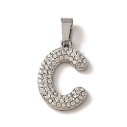 Letter C 304 Stainless Steel Micro Pave Clear Cubic Zirconia Pendants, Letter Charms, Stainless Steel Color, Letter C, 18x11.5x2.5mm, Hole: 6x2.5mm