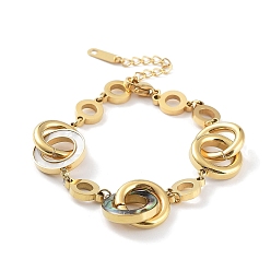 Golden Ion Plating(IP) 304 Stainless Steel Interlocking Rings Link Bracelet, with Imitaiion Shell, Golden, 7-1/4 inch(18.5cm)