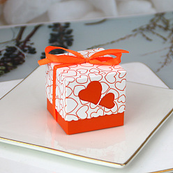 Orange Red Square Foldable Creative Paper Gift Box, Candy Boxes, Heart Pattern with Ribbon, Decorative Gift Box for Wedding, Orange Red, 5.2x5.2x5cm