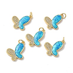 Real 18K Gold Plated Rack Plating Brass Micro Pave Cubic Zirconia with Synthetic Opal Pendants, with Jump Ring, Lead Free & Cadmium Free, Long-Lasting Plated, Butterfly, Real 18K Gold Plated, 14x19.5x3.4mm