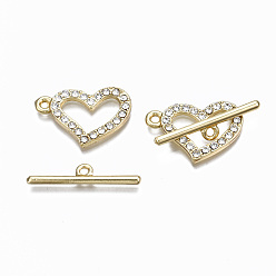 Real 16K Gold Plated Alloy Rhinestone Toggle Clasps, Cadmium Free & Nickel Free & Lead Free, Heart, Real 16K Gold Plated, Heart: 17x25.5x2.5mm, Hole: 1.5mm, Bar: 29.5x6x2mm, Hole: 2mm
