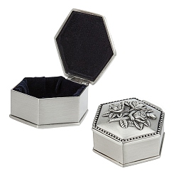 Antique Silver European Classical Princess Jewelry Boxes, Alloy Carved Rose Jewelry Boxes, for Craft Gift, Polygon, Antique Silver, 5.55x5.8x3.3cm