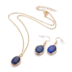 Lapis Lazuli Natural Lapis Lazuli Pendant Jewelry Sets, Brass Cable Chain Necklaces & Dangle Earrings, with Brass Spring Ring Clasps, Earring Hooks and Plastic Ear Nuts, Oval, Golden, 15.94 inch(40.5cm), 38~39mm