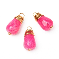 Crackle Agate Natural Crackle Agate Pendants, with Real 18K Gold Plated Eco-Friendly Copper Wire, Teardrop, Hot Pink, 18~19x10mm, Hole: 2mm