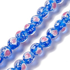 Blue Handmade Lampwork Beads Strand, Luminous, Glow in the Dark, Round with Heart, Blue, 10x9.5mm, Hole: 2mm, about 40pcs/strand, 14.76''(37.5cm)