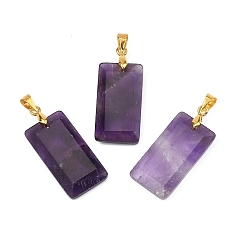 Аметист Граненые подвески из натурального аметиста, Прямоугольные подвески с латунными зажимами золотистого цвета, 25x13x4 мм, отверстие : 5x4 мм