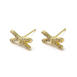 Real 18K Gold Plated Rack Plating Brass & Cubic Zirconia Stud Earring Findings, Lead Free & Cadmium Free, Long-Lasting Plated, Bowknot, Real 18K Gold Plated, 7x14mm, Hole: 1.4mm, Pin: 12x1mm