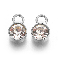 Crystal Glass Rhinestone Charms, Birthstone Charms, with Stainless Steel Color Tone 201 Stainless Steel Findings, Flat Round, Crystal, 10x6x5mm, Hole: 2mm