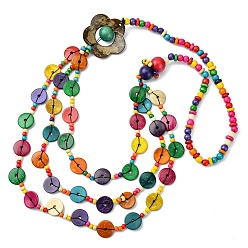 Flat Round Colorful Dyed Natural Coconut Beaded Bib Necklaces, Bohemian Jewelry for Women, Flat Round, 45.04 inch(114.4cm)