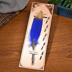 Blue Feather Quill Pen, Vintage Feather Dip Ink Pen, Zinc Alloy Pen Stem Writing Quill Pen Calligraphy Pen As Christmas Birthday Gift, Blue, 25~30cm