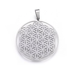 Stainless Steel Color Non-Tarnish 304 Stainless Steel Pendants, Spiritual Charms, Flat Round with Flower of Life/Sacred Geometric, Stainless Steel Color, 42x39x1.2mm, Hole: 8x6mm