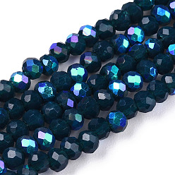 Prussian Blue Electroplate Opaque Solid Color Glass Beads Strands, Half Rainbow Plated, Faceted, Rondelle, Prussian Blue, 2.5x1.5mm, Hole: 0.4mm, about 195pcs/strand, 11 inch(27.5cm)