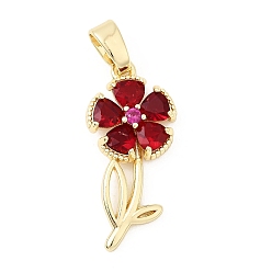 Красный Латунные микро проложить кубического циркония подвески, цветок, золотые, красные, 24.5x11.5x3.7 мм, отверстие : 5x3 мм