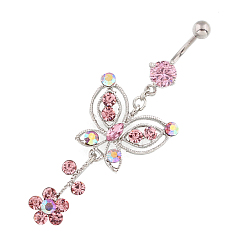 Stainless Steel Color Butterfly Rhinestone Charm Belly Ring, Navel Ring, Piercing Jewelry for Women, Stainless Steel Color, 75mm, Pin: 1.6mm, Head: 5mm