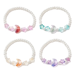 Mixed Color Star & Moon & Imitation Pearl Glass Beaded Stretch Bracelet for Kid, Mixed Color, Inner Diameter: 1-3/4 inch(4.45cm)