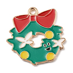 Christmas Wreath Alloy Enamel Pendants, Christmas Theme, Light Gold, Christmas Wreath, 23x22x1.5mm, Hole: 1.5mm