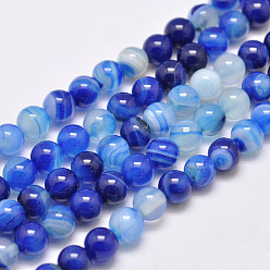 Blue Natural Striped Agate/Banded Agate Bead Strands, Dyed & Heated, Round, Grade A, Blue, 8mm, Hole: 1mm, about 48pcs/strand, 15.1 inch(385mm)