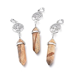Picture Jasper Natural Picture Jasper Pointed Big Pendants, with Platinum Plated Brass Findings, Faceted, Bullet & Tree of Life, 59~67x14~15mm, Hole: 7x5mm